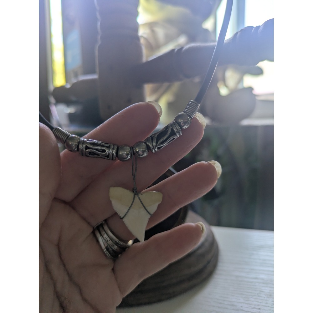 Vintage Shark Tooth Pendant Necklace Silver Tone Tribal Beads Black Cord Repair